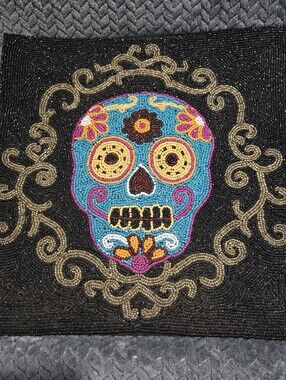 Hand-Beaded Sugar Skull Wall Art  - Black & Turquoise Halloween